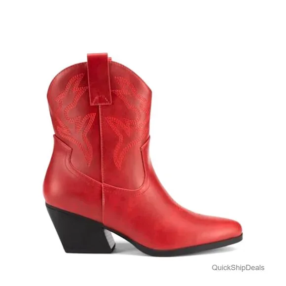 Women's Embroidered Western Ankle Boots Low Chunky Heel Pointed Toe